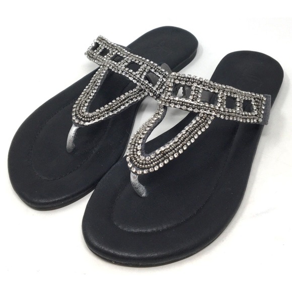 Skemo Adriana Women's Size 7 Black Leather Crystal Thong Sandals Shoes - Picture 3 of 7
